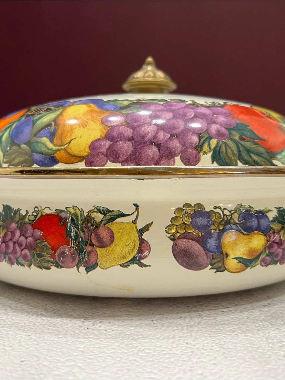 Vintage Cornucopia Enamelware Dutch Oven Colorful Fruit Motif Brass Handles
